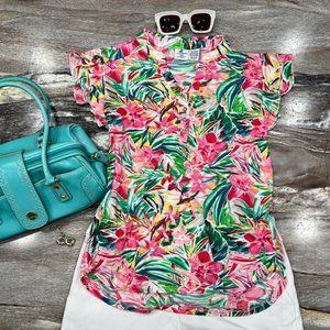Caribbean Joe & Company Hibiscus Tropical Foliage Red & Teal with Ruffles top.